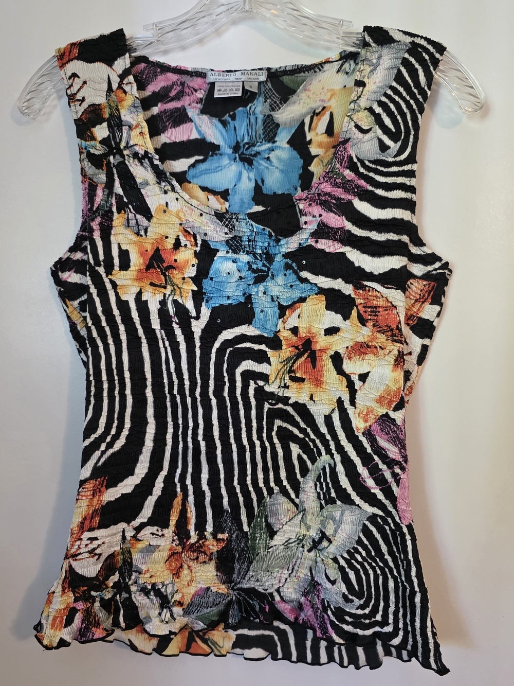Vintage Alberto Makali Y2K Crinkle Mesh Tank Top Zebra Floral Whimsigoth Artwear